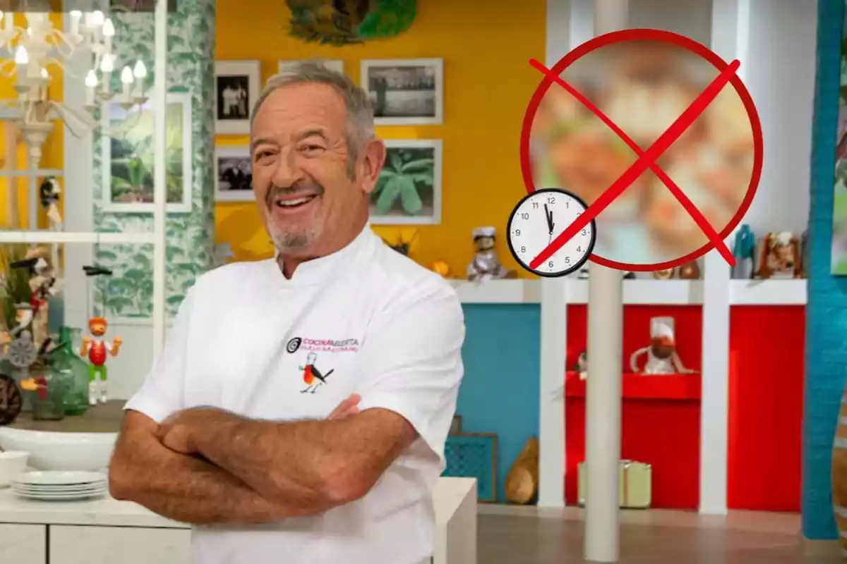 Chef Karlos Arguiñano smiling with his arms crossed in a colorful kitchen, in the background a red circle with a line through it and a clock showing twelve o’clock