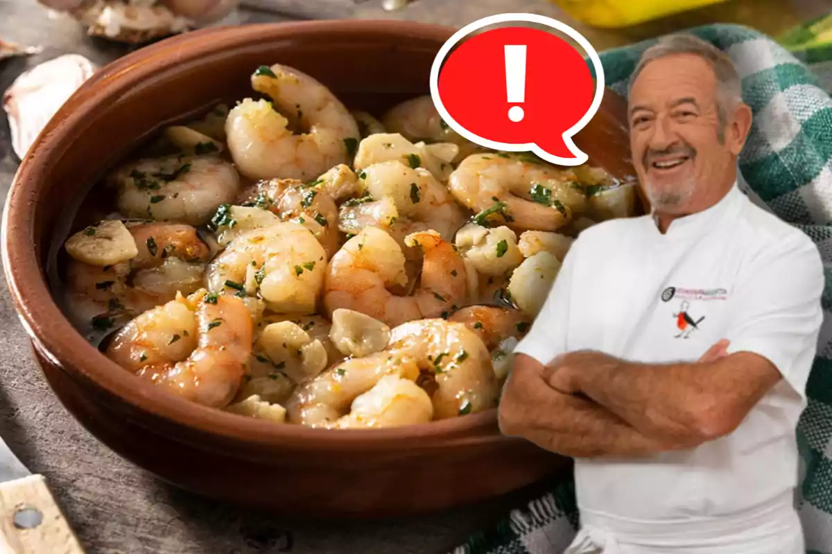 Chef Karlos Arguiñano, smiling with his arms crossed, appears next to a plate of garlic shrimp and a red warning balloon.