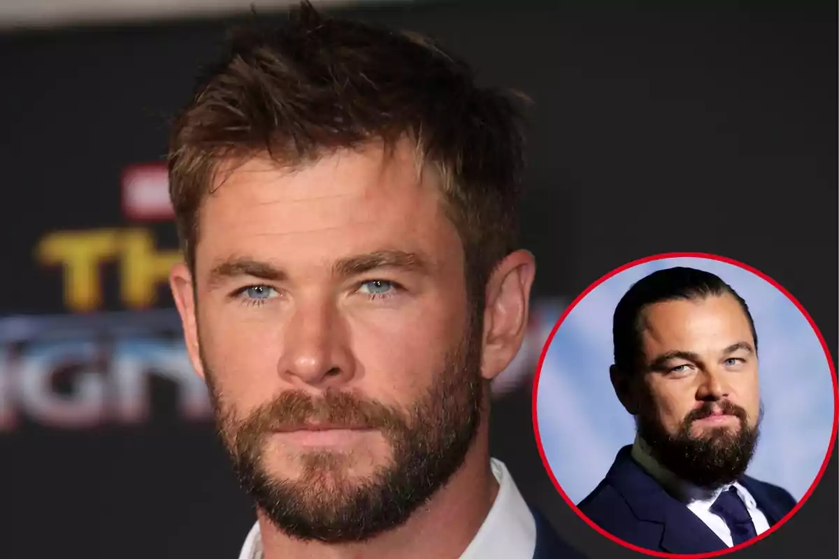 Montaje con Chris Hemsworth, un hombre con barba y cabello corto, y Leonardo DiCaprio, con barba y cabello peinado hacia atrás dentro de un círculo rojo