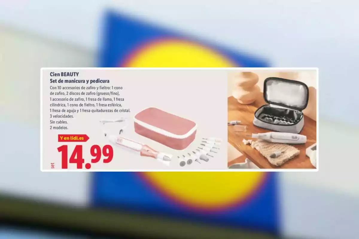 Publicidad de un set de manicura y pedicura Cien Beauty con estuche, accesorios y precio de 14,99 euros sobre un fondo desenfocado del logo de Lidl. Publicidad de un set de manicura y pedicura Cien Beauty con estuche, accesorios y precio de 14,99 euros sobre un fondo desenfocado del logo de Lidl.
