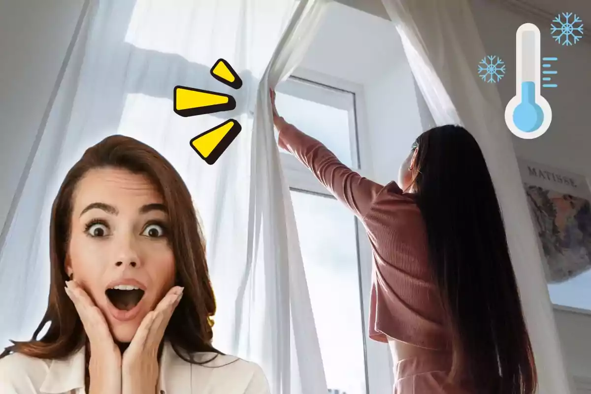 Mujer abriendo una ventana con cortinas blancas mientras otra mujer con expresión de sorpresa aparece en primer plano junto a un icono de termómetro frío