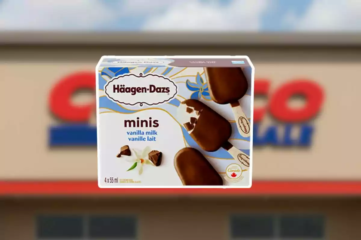 Box of Häagen-Dazs vanilla minis covered in chocolate in front of a blurred Costco store Box of Häagen-Dazs vanilla minis covered in chocolate in front of a blurred Costco store