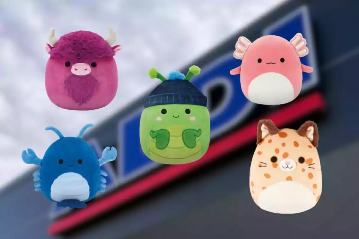 Five stuffed animals of different species and colors are floating in front of a blurry store background. Five stuffed animals of different species and colors are floating in front of a blurry store background.