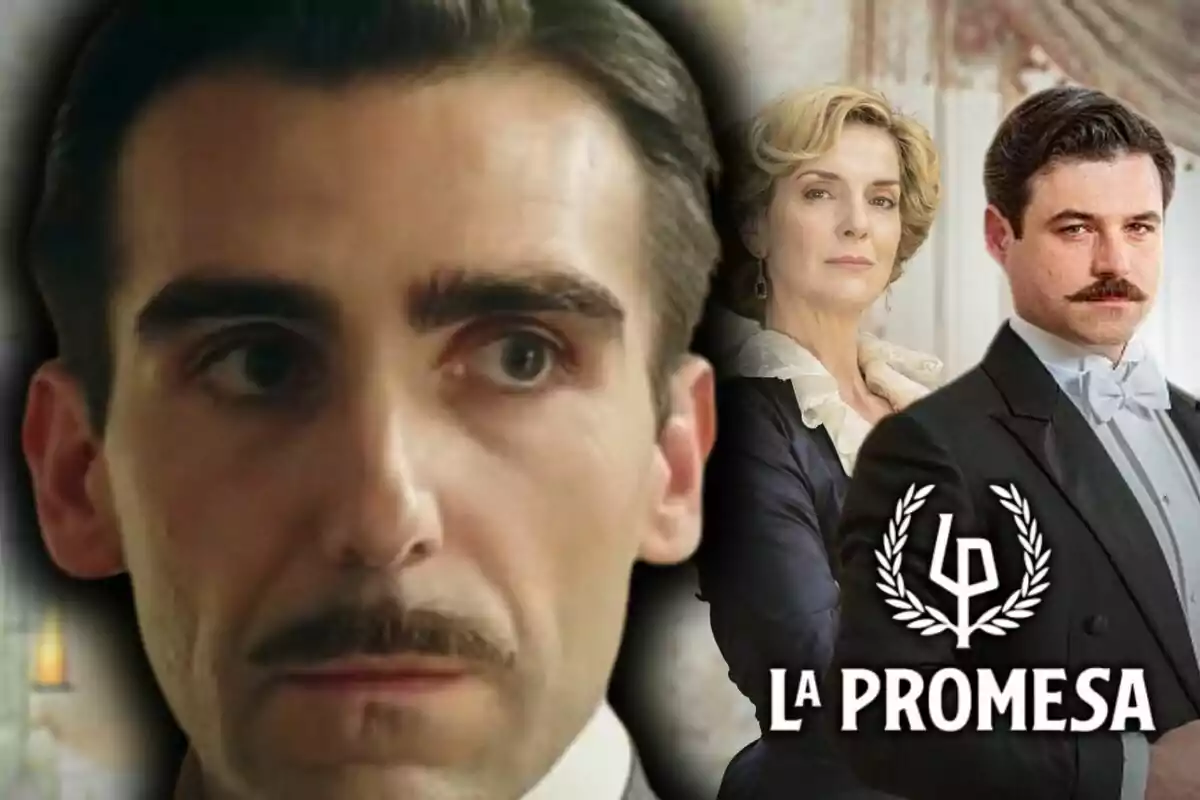 Primer pla de Guillermo Serrano amb bigoti i expressió seriosa, al fons una dona rossa i un altre home amb esmòquing al costat del logotip de la sèrie 'La Promesa'.
