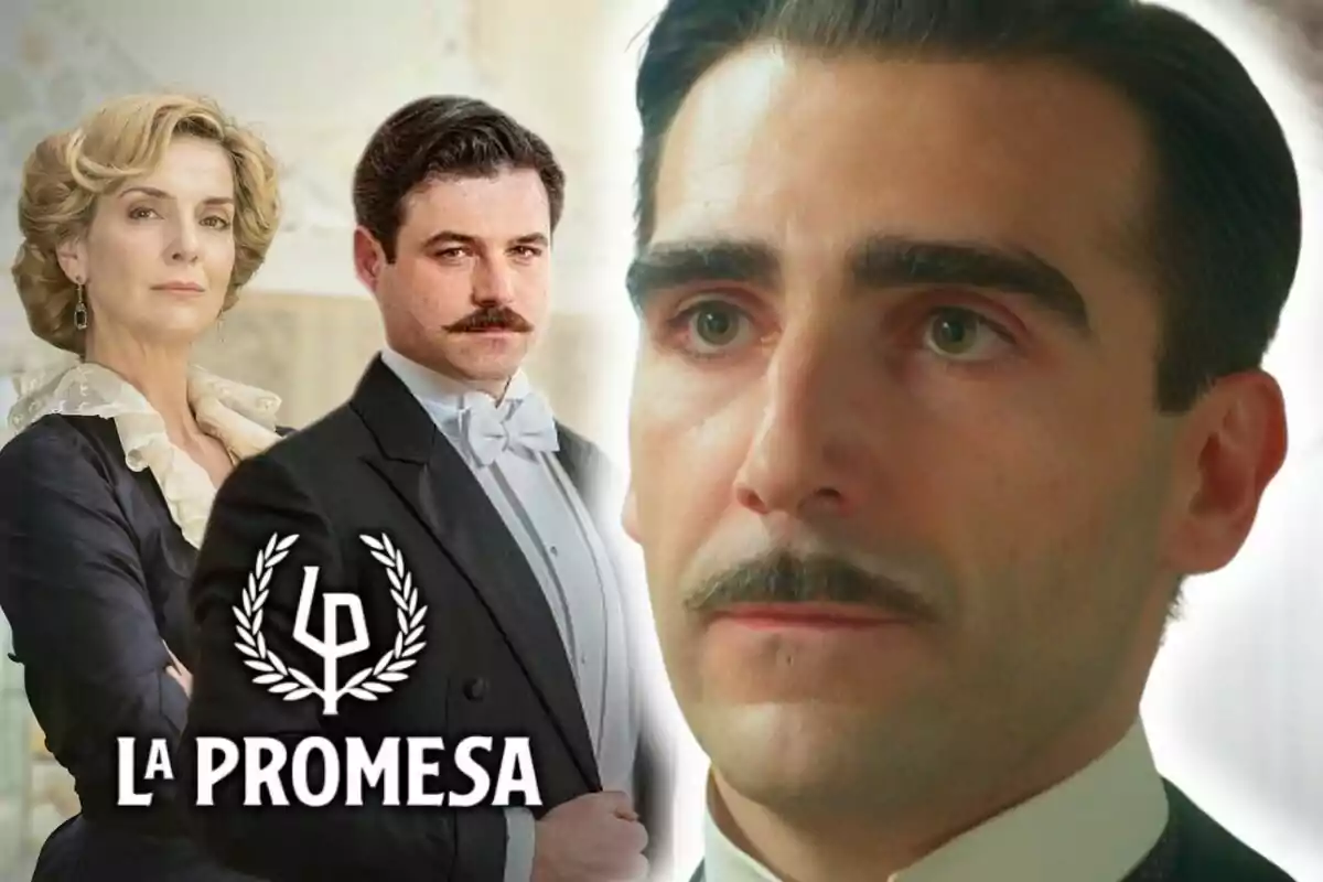 Dos personatges vestits d’època amb expressió seriosa amb el logotip de la sèrie 'La Promesa' i l’actor Guillermo Serrano en primer pla.