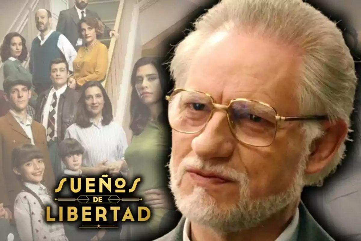 Repartiment de la sèrie 'Sueños de Libertad' posant en una escala amb el rostre d’un home gran en primer pla, que és l’actor Nancho Novo, i el logotip de la sèrie a la part inferior esquerra. Repartiment de la sèrie 'Sueños de Libertad' posant en una escala amb el rostre d’un home gran en primer pla, que és l’actor Nancho Novo, i el logotip de la sèrie a la part inferior esquerra.