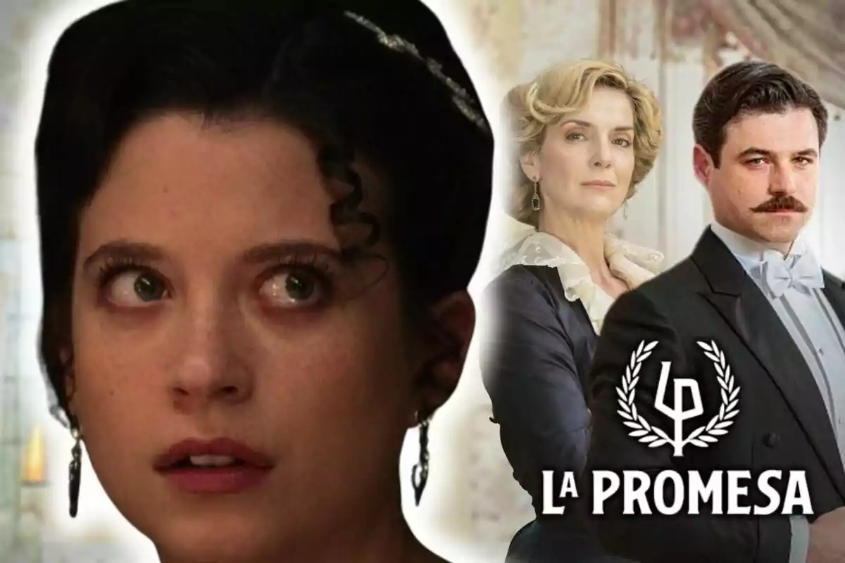 Tres personatges d’època amb vestimenta elegant i el logotip de la sèrie 'La Promesa', en primer pla, apareix l’actriu Amparo Piñero.