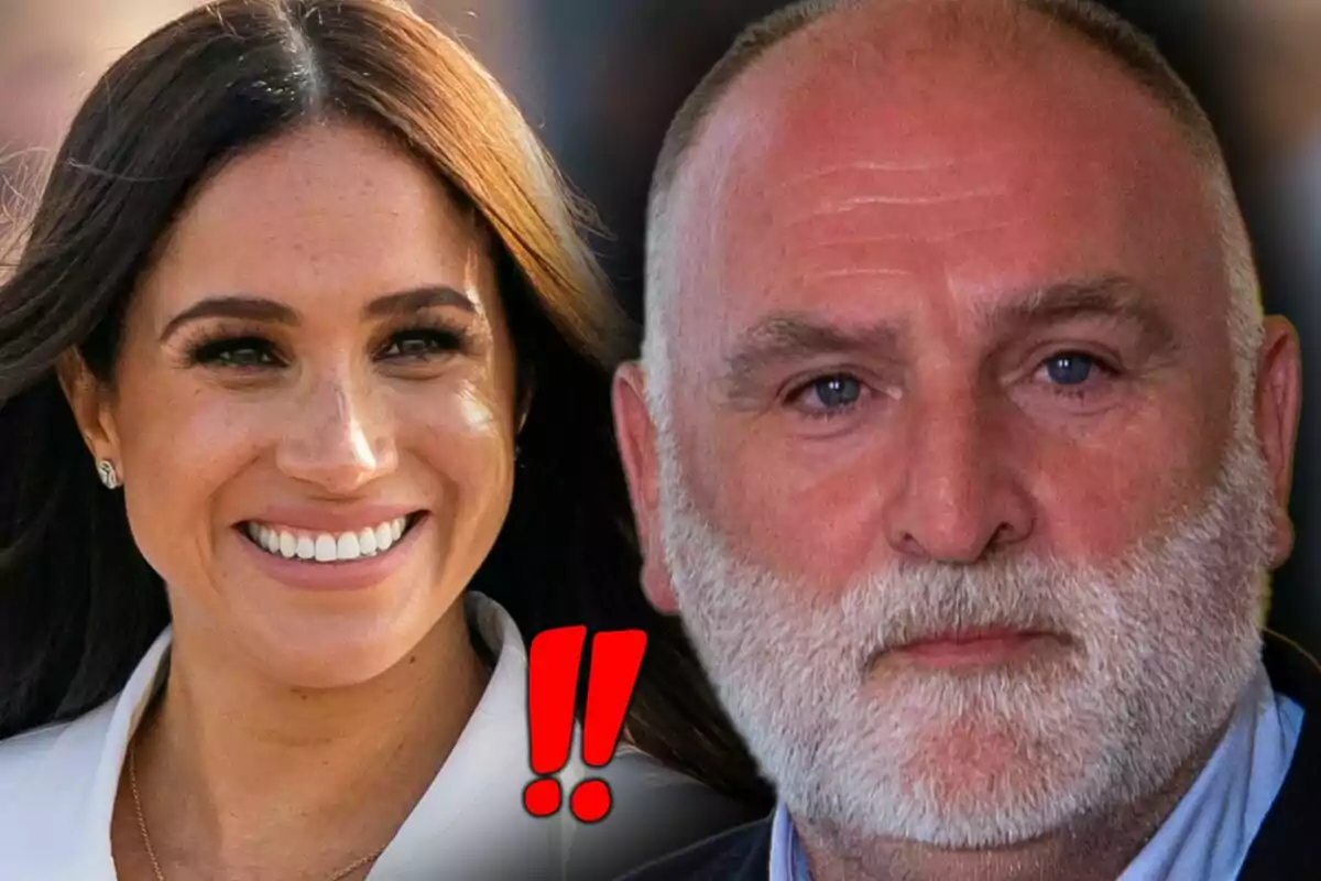 Montaje de fotos de primer plano del chef José Andrés con rostro serio y, de fondo, una imagen de Meghan Markle sonriente con dos exclamaciones entre ellos.