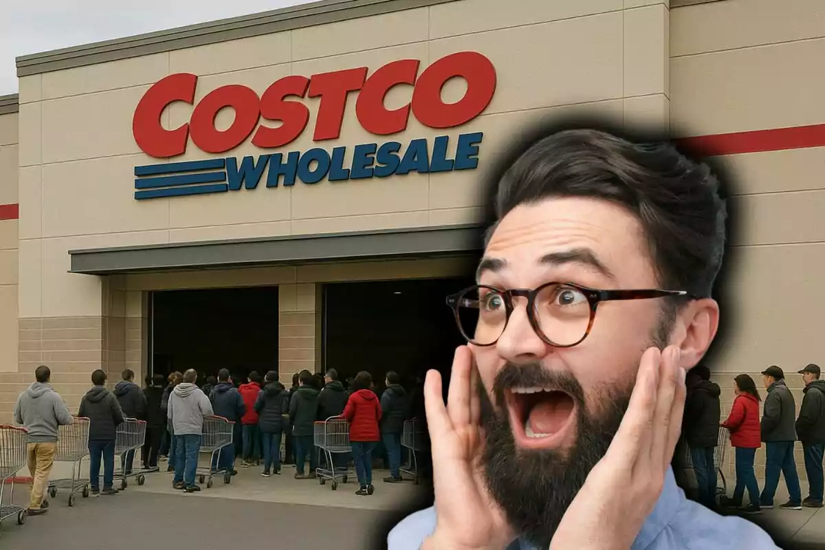 A man with a surprised expression appears in front of a Costco store where several people are waiting in line with shopping carts.