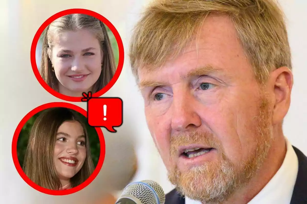 Muntatge de fotos de Guillem d’Holanda parlant davant d’un micròfon i dos retrats de dones joves, que són la princesa Leonor i la infanta Sofia, emmarcats en cercles vermells amb una icona d’exclamació entre elles.
