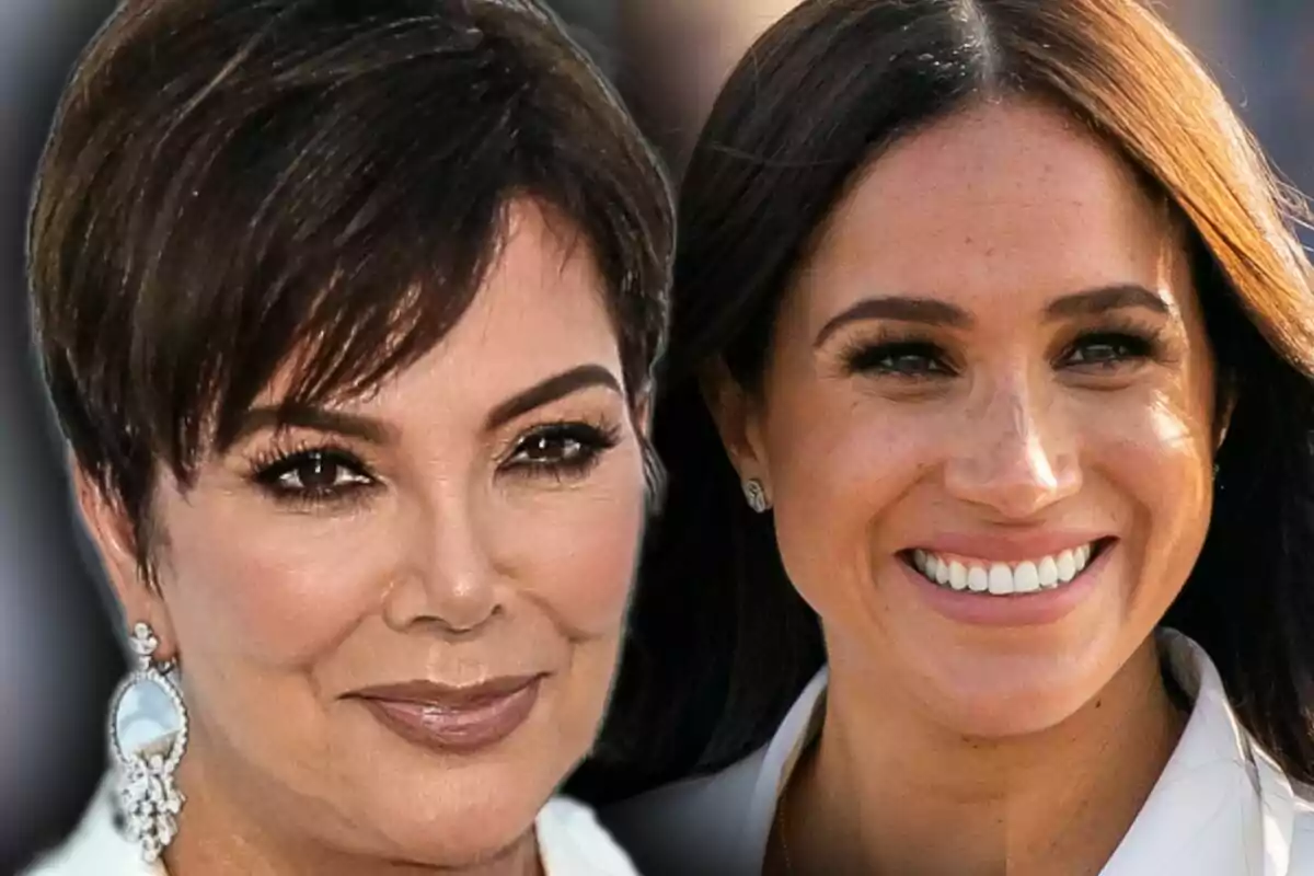Muntatge de fotos de Kris Jenner i Meghan Markle, ambdues somrients en primer pla, una amb cabell curt i fosc portant arracades grans i l’altra amb cabell llarg i llis.