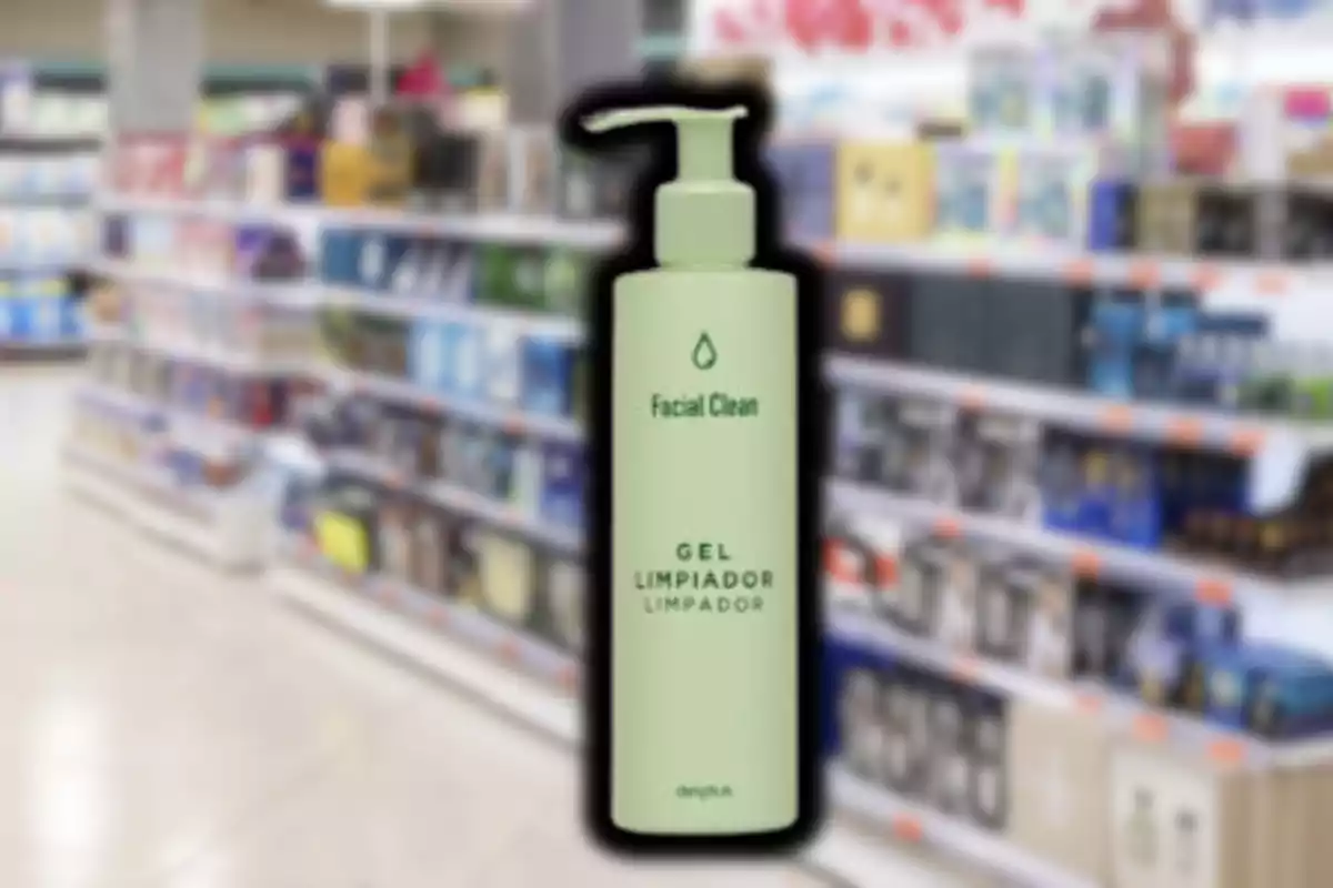 Botella de gel limpiador facial color verde claro con dispensador en primer plano sobre fondo de estantes de supermercado desenfocados Botella de gel limpiador facial color verde claro con dispensador en primer plano sobre fondo de estantes de supermercado desenfocados