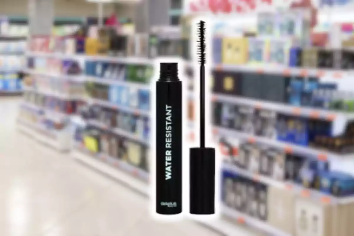 Rímel negro resistente al agua con el cepillo abierto en un pasillo de tienda de cosméticos desenfocado Rímel negro resistente al agua con el cepillo abierto en un pasillo de tienda de cosméticos desenfocado