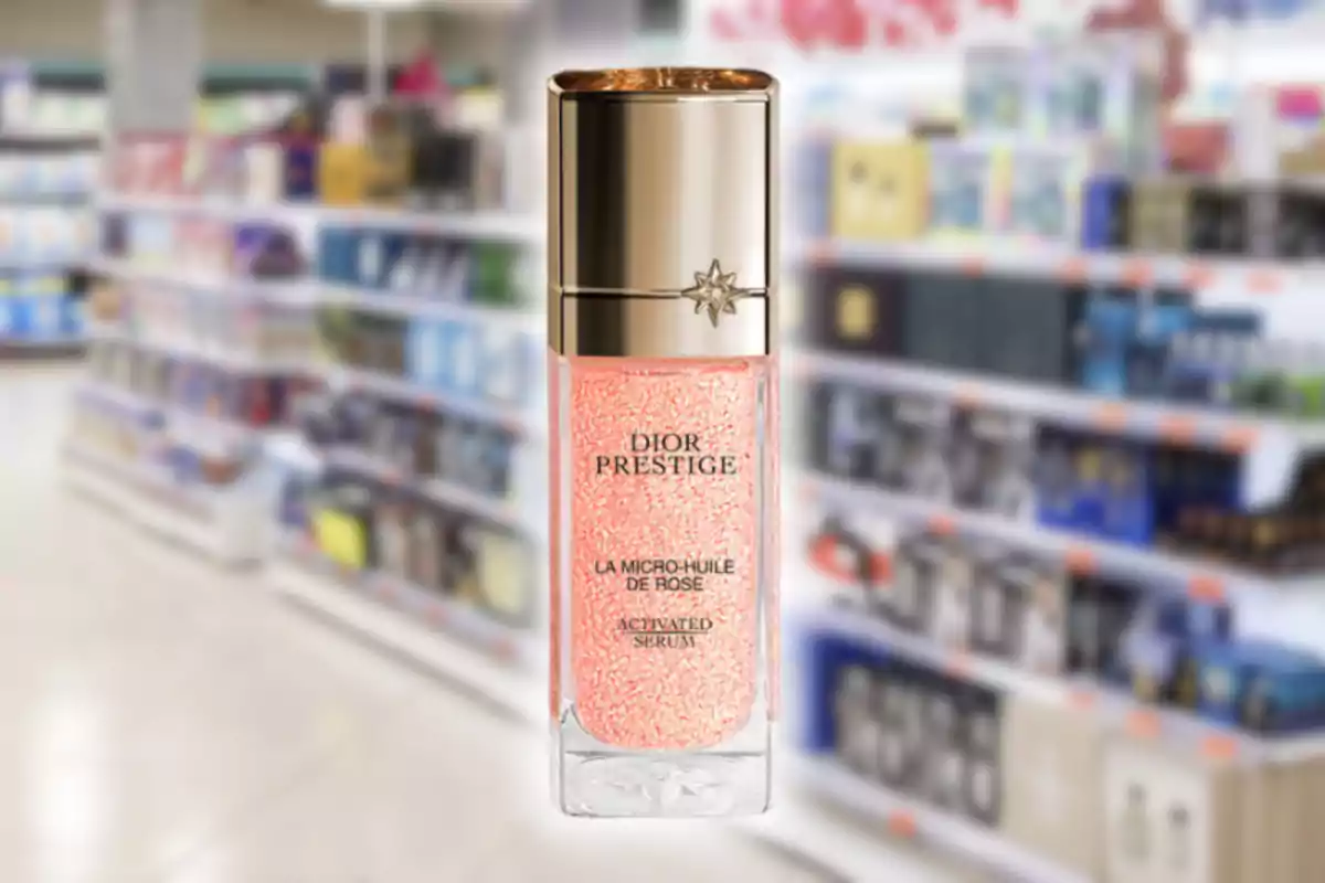 Flascó de sèrum Dior Prestige La Micro-Huile de Rose en un passadís de botiga amb prestatges de productes desenfocats al fons Flascó de sèrum Dior Prestige La Micro-Huile de Rose en un passadís de botiga amb prestatges de productes desenfocats al fons