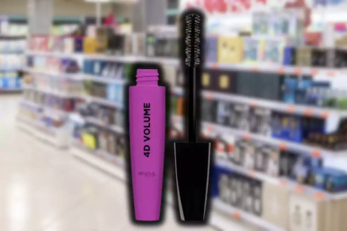 Rímel 4D Volume de color morado con el cepillo abierto en primer plano sobre un fondo borroso de estantes de supermercado Rímel 4D Volume de color morado con el cepillo abierto en primer plano sobre un fondo borroso de estantes de supermercado