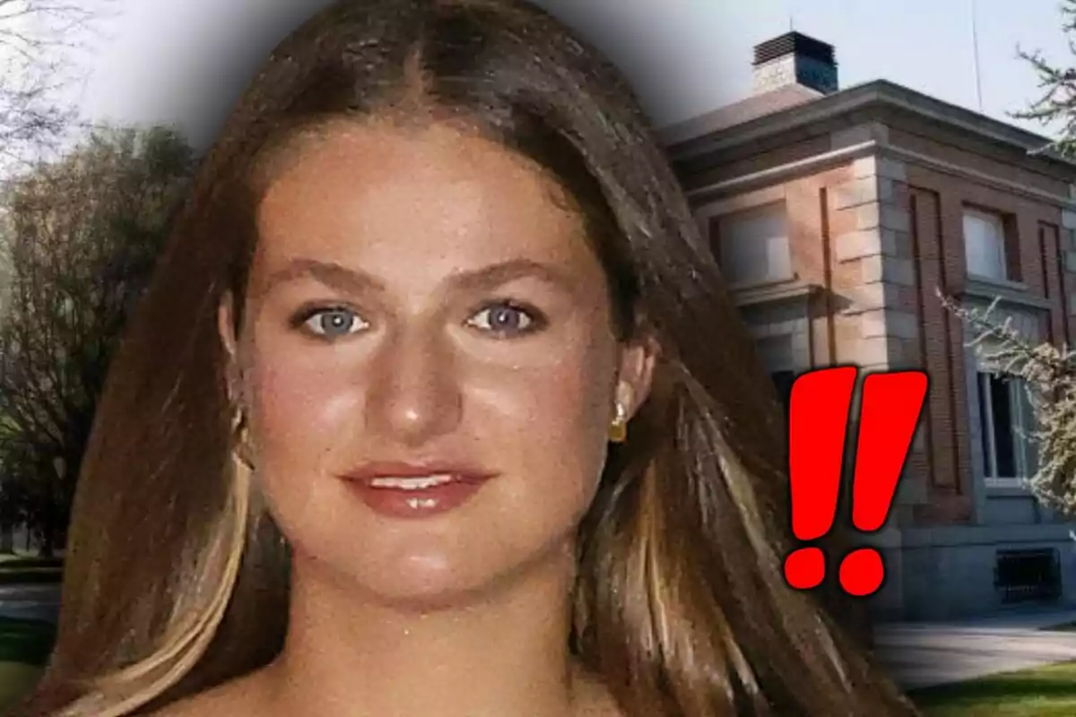 Close-up photo montage of Leonor de Borbón with a happy face, and in the background, an image of the Zarzuela Palace with red emojis next to it.