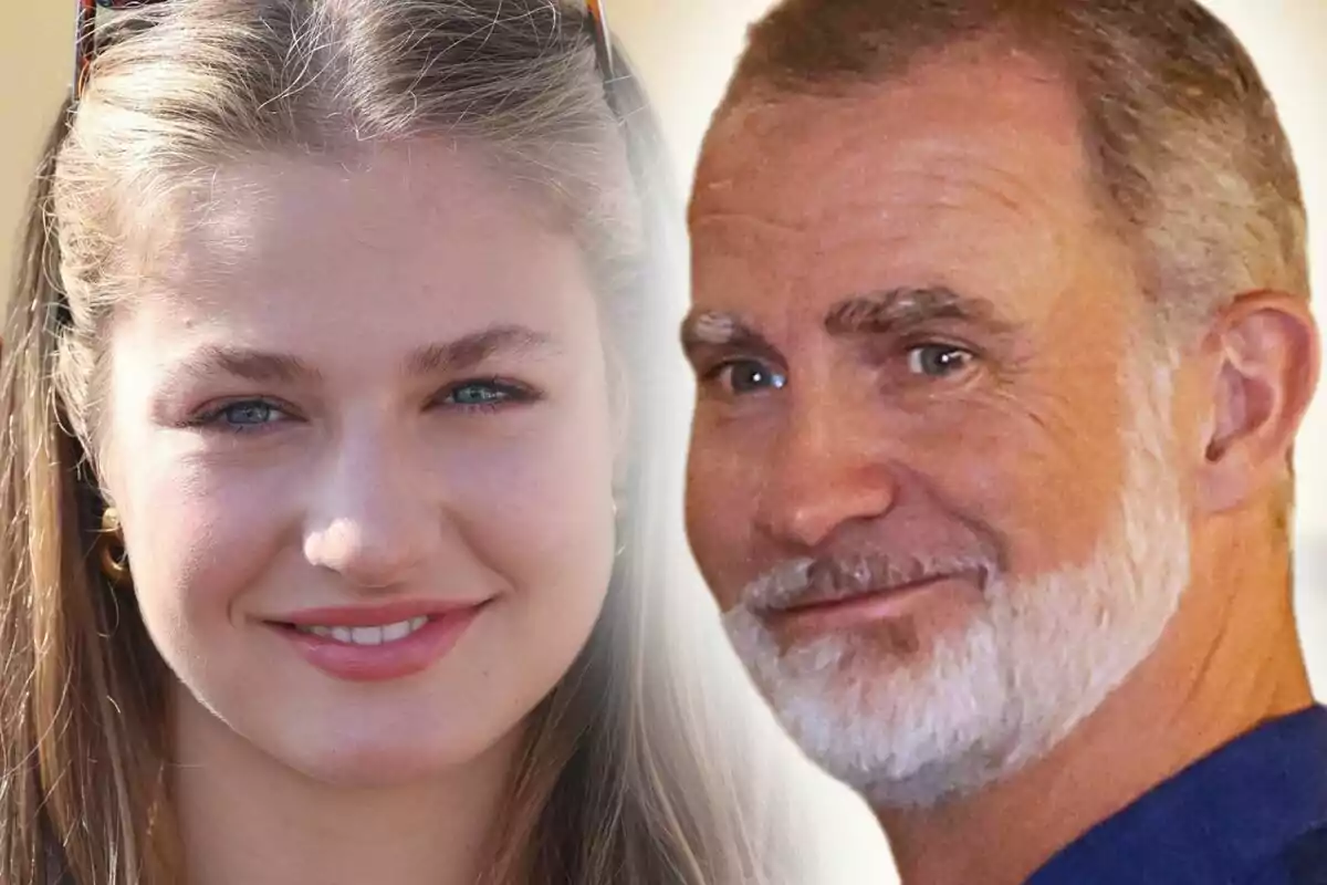 Muntatge de fotos en primer pla de Leonor de Borbó i el rei Felip, tots dos amb el rostre somrient.