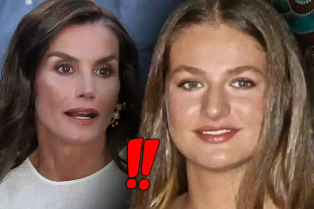 Dos mujeres de cabello castaño, que son Letizia Ortiz y Leonor de Borbón, aparecen en primer plano con un par de signos de exclamación rojos entre ellas.