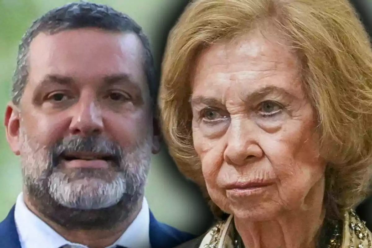 Muntatge de fotos en primer pla de Jaime Anglada amb barba i la reina Sofia amb expressió seriosa.
