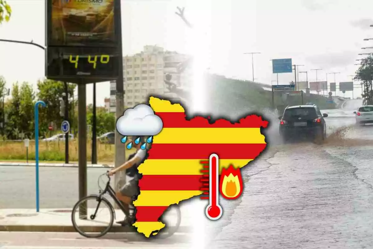 Imagen dividida en dos mitades mostrando a la izquierda una calle soleada con un termómetro marcando 44 grados y a la derecha una carretera bajo la lluvia con coches circulando, en el centro un mapa con iconos de calor y lluvia.