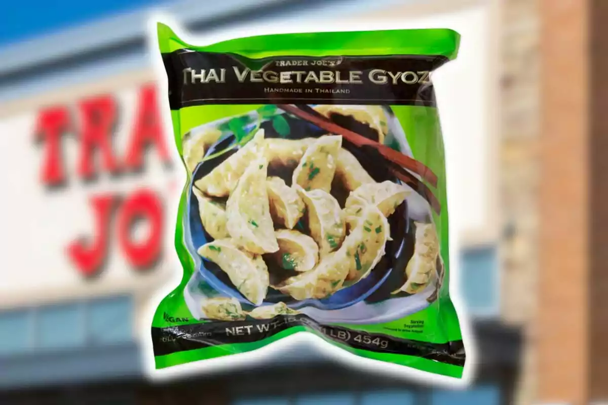 Bag of Trader Joe’s Thai vegetable gyozas held in front of a store. Bag of Trader Joe’s Thai vegetable gyozas held in front of a store.