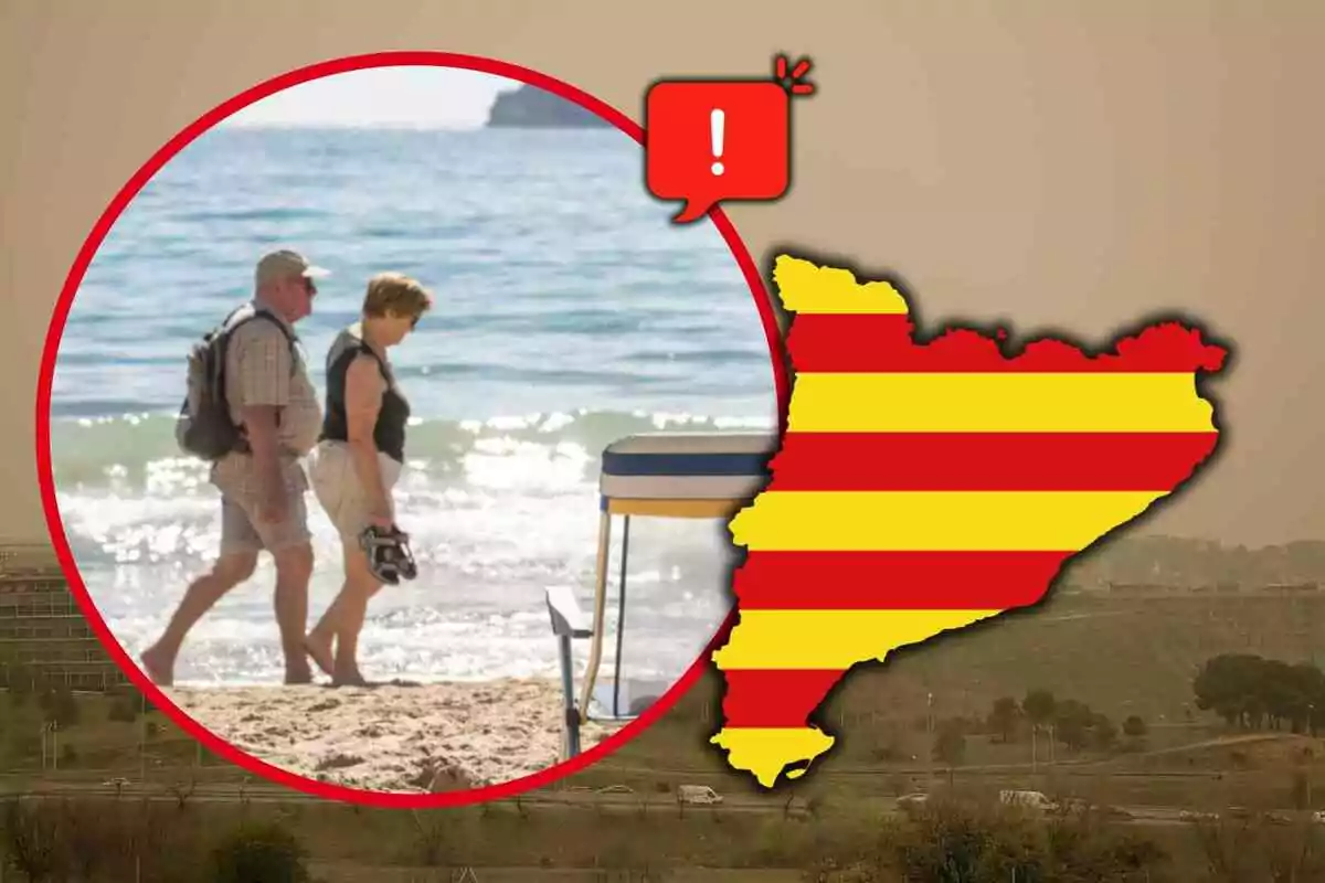 Parella de persones grans caminant per la platja al costat d’un gràfic del mapa de Catalunya amb franges grogues i vermelles i una icona d’advertència