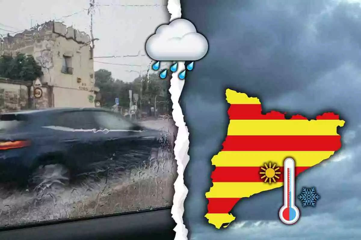 Imatge dividida en dues parts: a l’esquerra es veu un cotxe sota la pluja i a la dreta un mapa de Catalunya amb símbols de sol, termòmetre i floc de neu sobre un fons ennuvolat.
