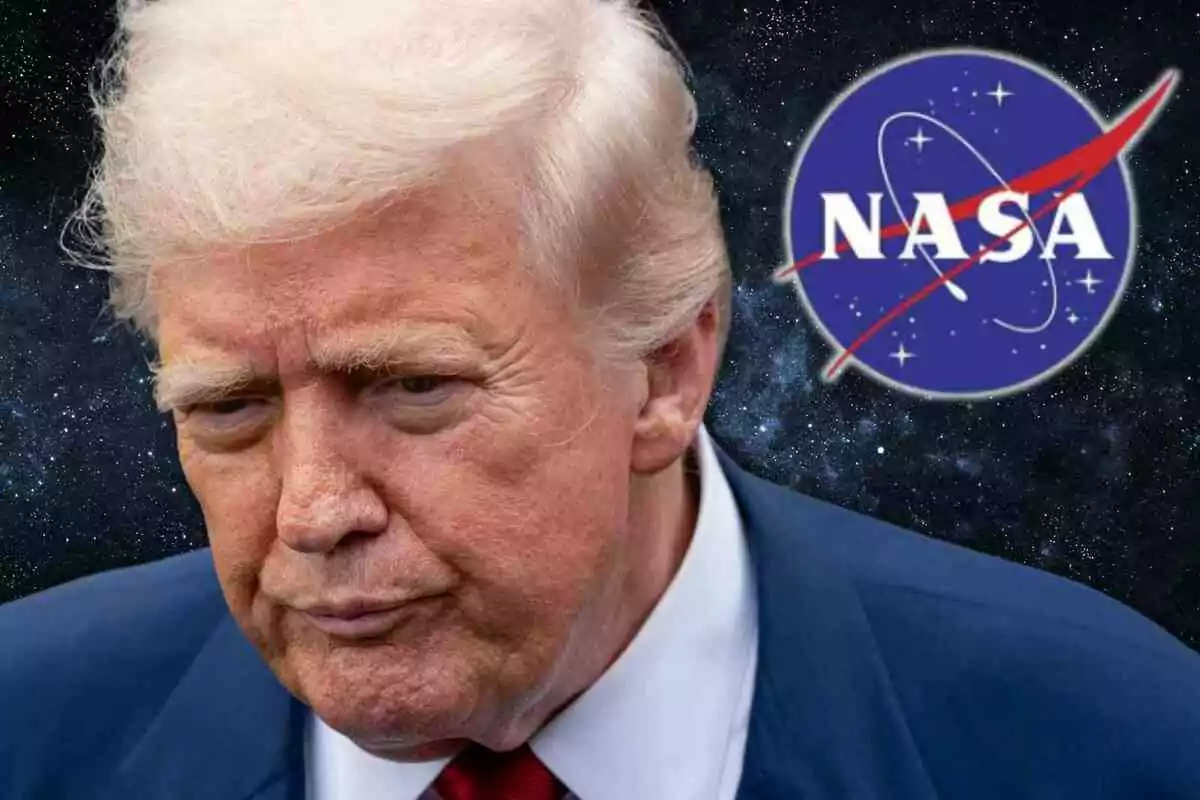 Donald Trump with a serious expression in front of a space background and the NASA logo