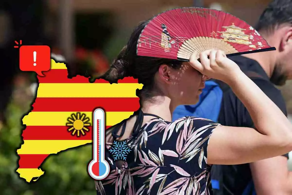 Dona ventant-se per protegir-se de la calor al costat d’un gràfic de mapa amb franges vermelles i grogues, un termòmetre i símbols de sol i d’advertència