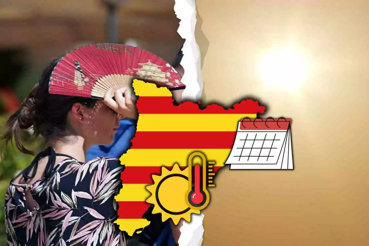 Mujer abanicándose para protegerse del calor junto a un mapa de Cataluña con iconos de sol, termómetro y calendario sobre un fondo soleado