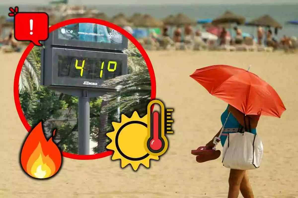 Una dona camina per la platja amb un paraigua vermell mentre un termòmetre marca 41 graus i hi ha icones de calor i advertència.
