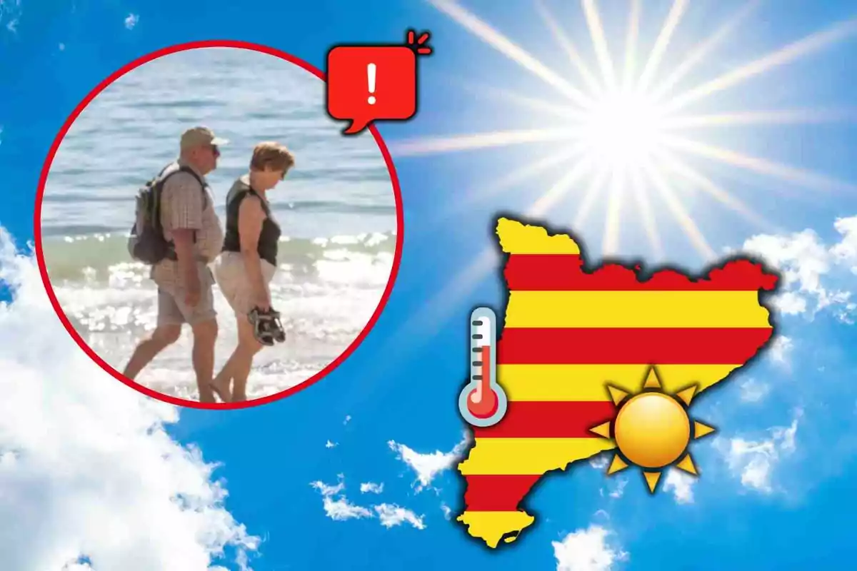 Parella de persones grans caminant per la platja al costat d’un gràfic de la Comunitat Valenciana amb un sol brillant i un termòmetre que indica altes temperatures