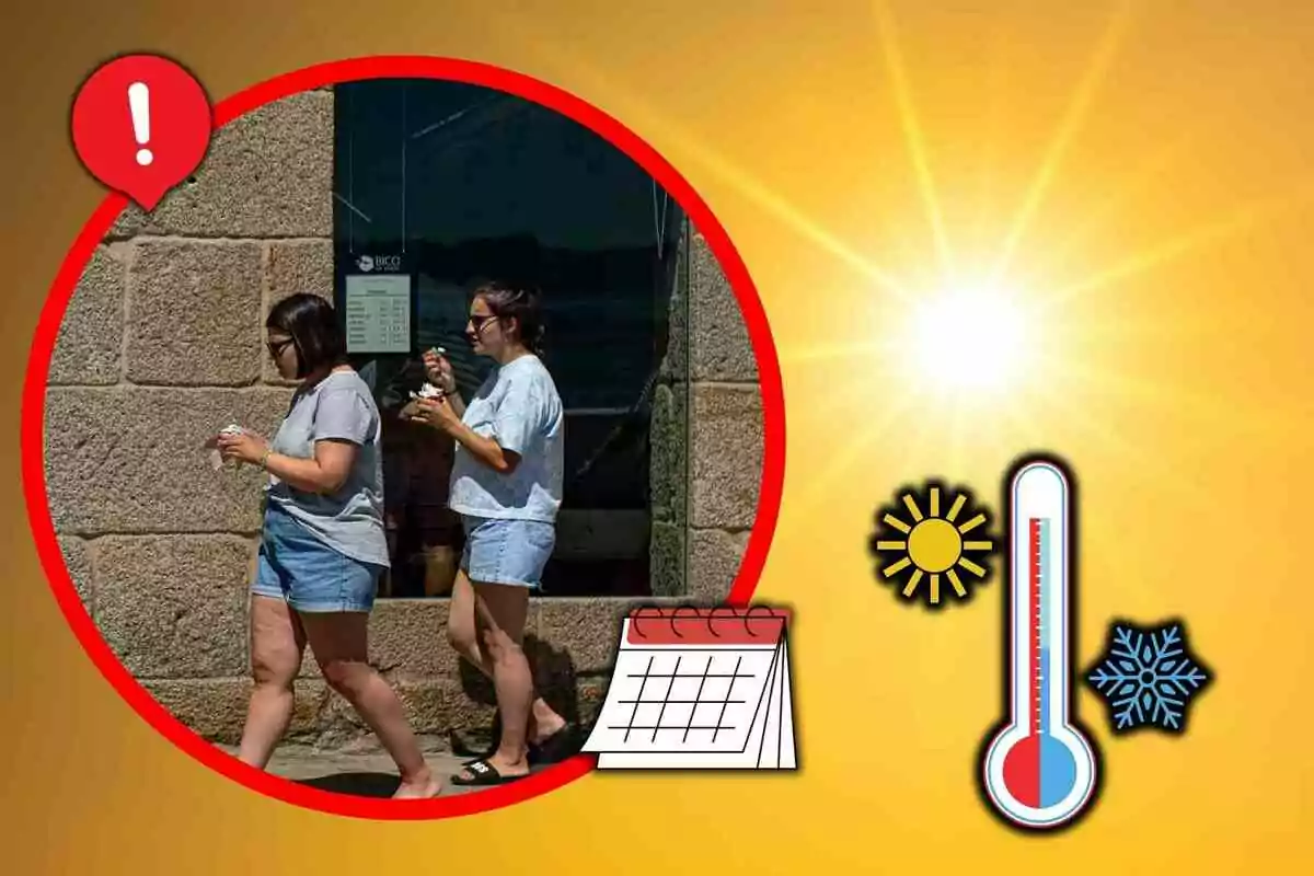 Dues dones caminen menjant gelat sota el sol mentre un termòmetre, un calendari i un símbol d’advertència ressalten la calor extrema.
