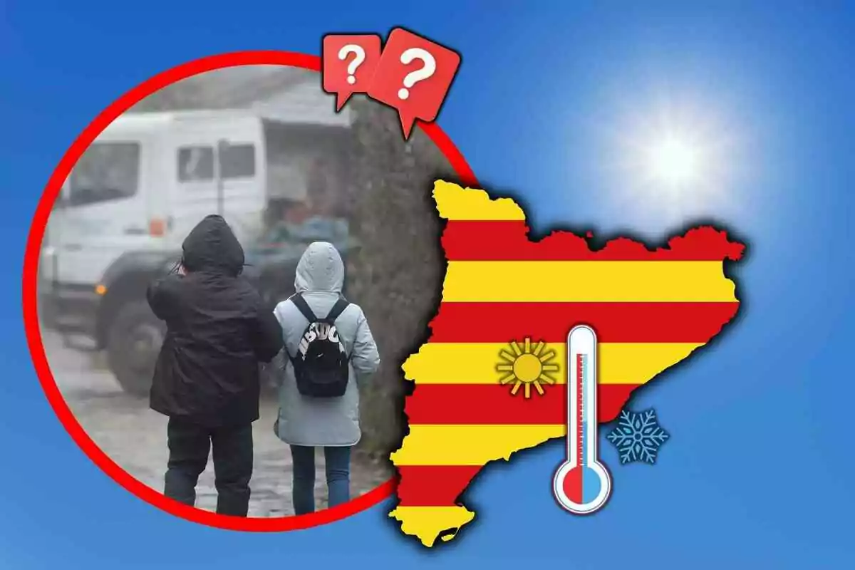 Dos personas con abrigos caminan bajo un clima frío mientras al lado aparece un mapa de Cataluña con un termómetro, un sol y un copo de nieve sobre un fondo azul Dos personas con abrigos caminan bajo un clima frío mientras al lado aparece un mapa de Cataluña con un termómetro, un sol y un copo de nieve sobre un fondo azul