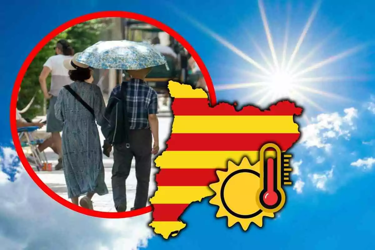 Dos personas caminan bajo una sombrilla mientras un gráfico de mapa con rayas rojas y amarillas y un icono de sol y termómetro indica altas temperaturas bajo un cielo soleado Dos personas caminan bajo una sombrilla mientras un gráfico de mapa con rayas rojas y amarillas y un icono de sol y termómetro indica altas temperaturas bajo un cielo soleado