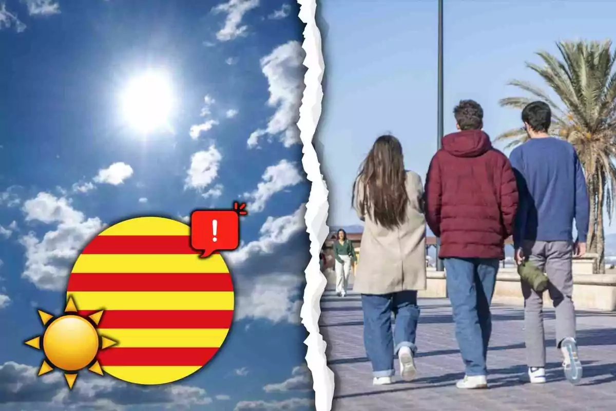 Cel assolellat amb alguns núvols i un símbol d’advertència al costat d’un grup de persones caminant per un passeig amb palmeres Cel assolellat amb alguns núvols i un símbol d’advertència al costat d’un grup de persones caminant per un passeig amb palmeres