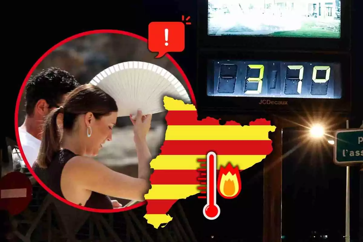 Una dona es ventila per refrescar-se al costat d’un mapa de Catalunya amb un termòmetre i un senyal de calor extrema, mentre un rellotge del carrer marca 37 graus. Una dona es ventila per refrescar-se al costat d’un mapa de Catalunya amb un termòmetre i un senyal de calor extrema, mentre un rellotge del carrer marca 37 graus.
