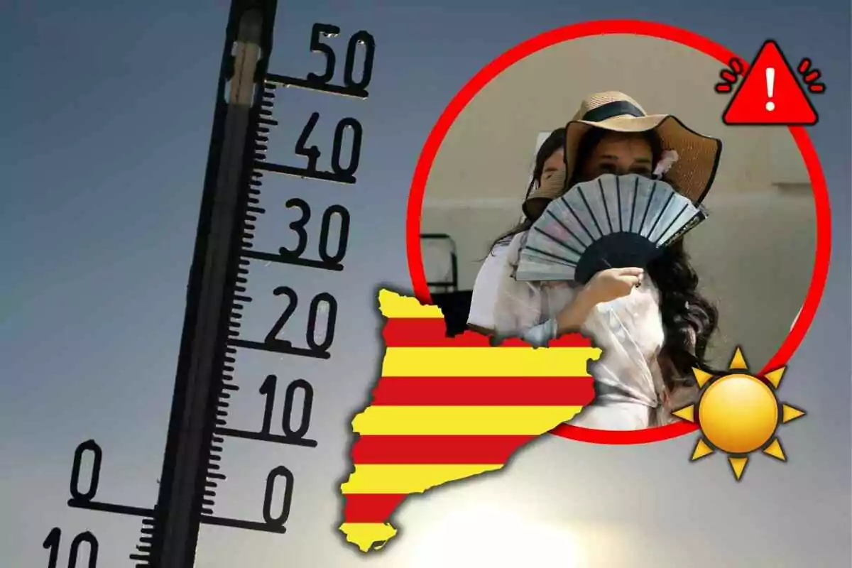 Termòmetre marcant altes temperatures al costat d’una dona amb barret i ventall, un mapa amb franges vermelles i grogues, un sol i un símbol d’advertència