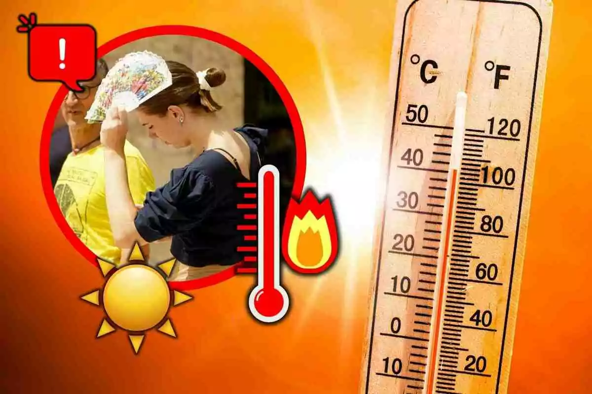 Mujer abanicándose bajo el sol con un termómetro marcando altas temperaturas y símbolos de calor extremo Mujer abanicándose bajo el sol con un termómetro marcando altas temperaturas y símbolos de calor extremo