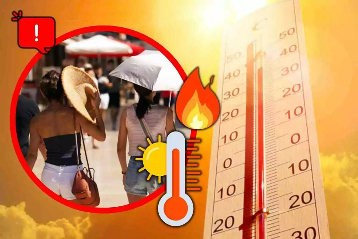 Persones caminant sota el sol intens amb barret i paraigua, amb un termòmetre que marca altes temperatures i símbols de calor extrema.