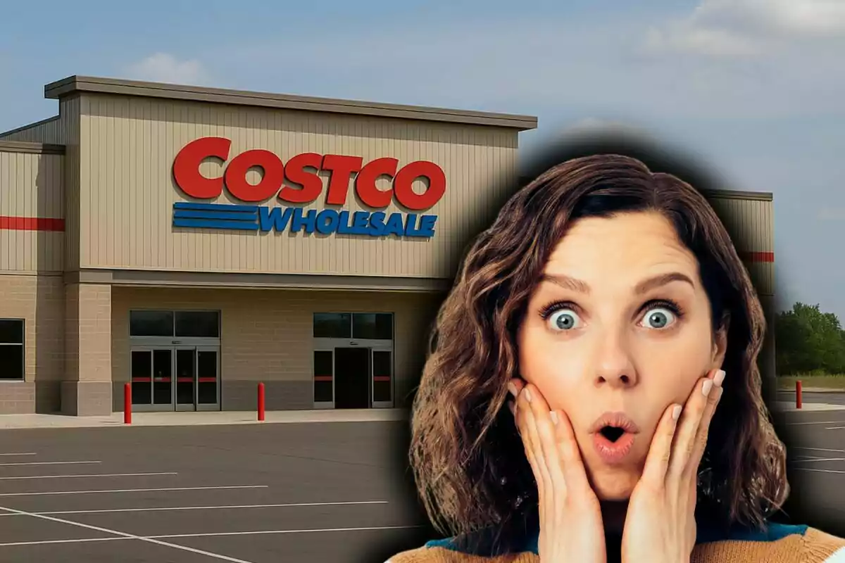 Montaje de fotos de una mujer sorprendida frente a una tienda de Costco Wholesale en Estados Unidos.