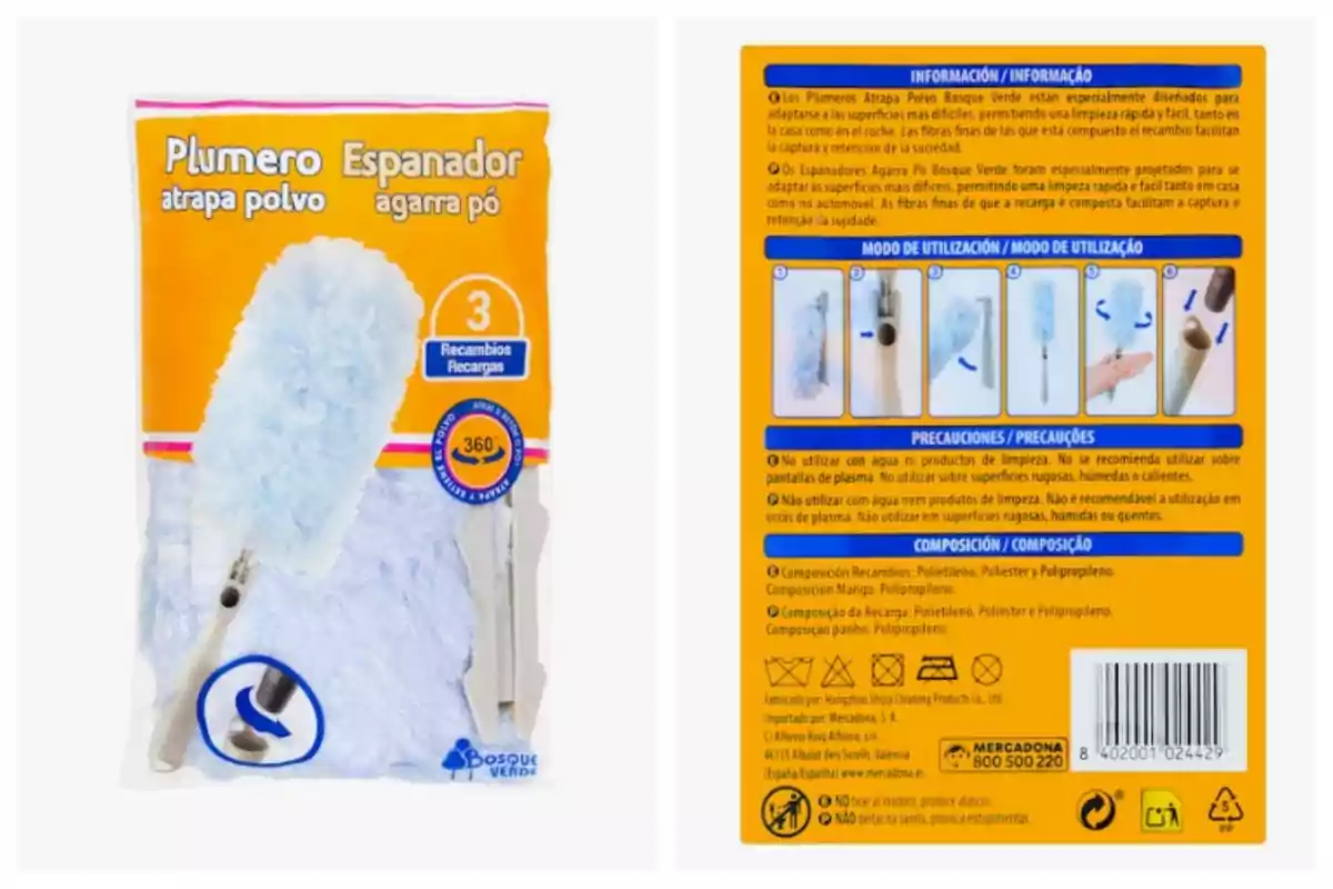 Paquet de plomall atrapa-polsa de la marca Bosque Verde amb tres recanvis, fons taronja i blau, instruccions i precaucions a la part del darrere de l’envàs. Paquet de plomall atrapa-polsa de la marca Bosque Verde amb tres recanvis, fons taronja i blau, instruccions i precaucions a la part del darrere de l’envàs.