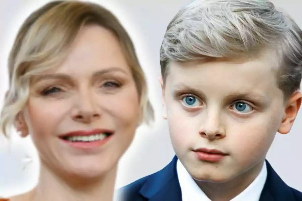 Montaje de fotos de primer plano de Charlene de Mónaco y, al lado, una imagen de su hijo Jacques con rostro serio.
