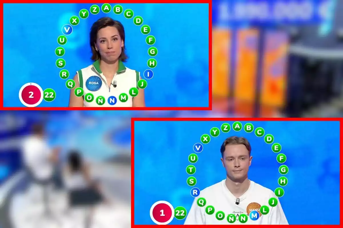 Dos concursants d’un programa de televisió de preguntes i respostes apareixen en pantalla, que són la Rosa i en Manu, cadascun envoltat per un cercle de lletres de l’abecedari amb algunes lletres en verd i altres en blau, mostrant els seus resultats i el nombre d’encerts i errors. Dos concursants d’un programa de televisió de preguntes i respostes apareixen en pantalla, que són la Rosa i en Manu, cadascun envoltat per un cercle de lletres de l’abecedari amb algunes lletres en verd i altres en blau, mostrant els seus resultats i el nombre d’encerts i errors.