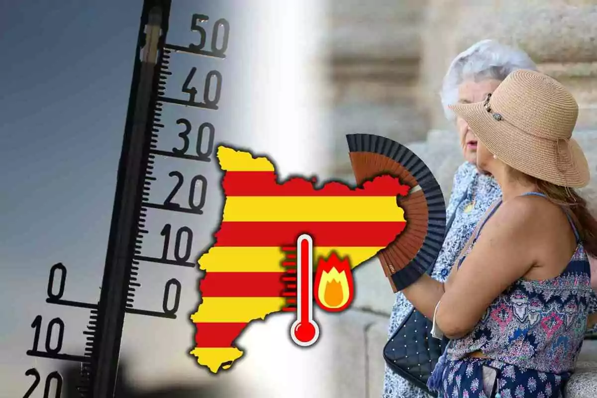 Termòmetre marcant altes temperatures al costat de dues dones assegudes, una d'elles fent servir un ventall, amb un mapa d'Aragó en colors vermell i groc i una icona de calor extrema.