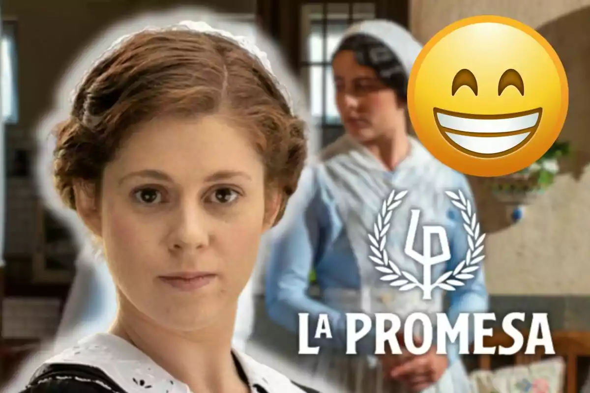 Sara Molina i un personatge vestides d’època, una en primer pla i l’altra al fons, amb un emoji somrient gran i el text La Promesa