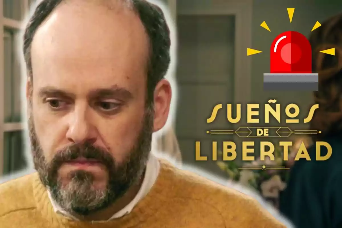 Antonio Romero amb expressió seriosa i barba, al costat del text Sueños de Libertad i una sirena vermella d’alerta a la cantonada superior dreta