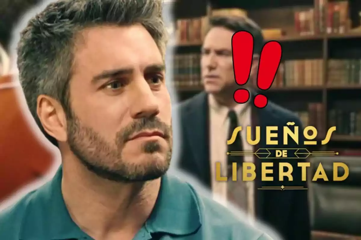 Primer pla de Dani Tatay amb expressió seriosa, al fons un altre home desenfocat en una biblioteca, dos signes d’exclamació vermells i el text Sueños de Libertad