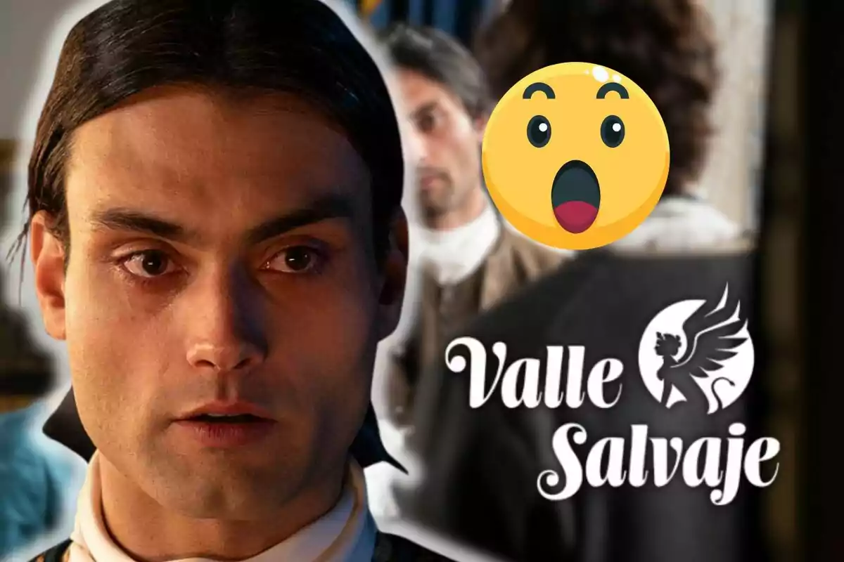 Primer plano de Marco Pernas de cabello oscuro con expresión seria, al fondo se ve a otra persona desenfocada, un emoji de sorpresa y el texto Valle Salvaje con el logo de un león alado.