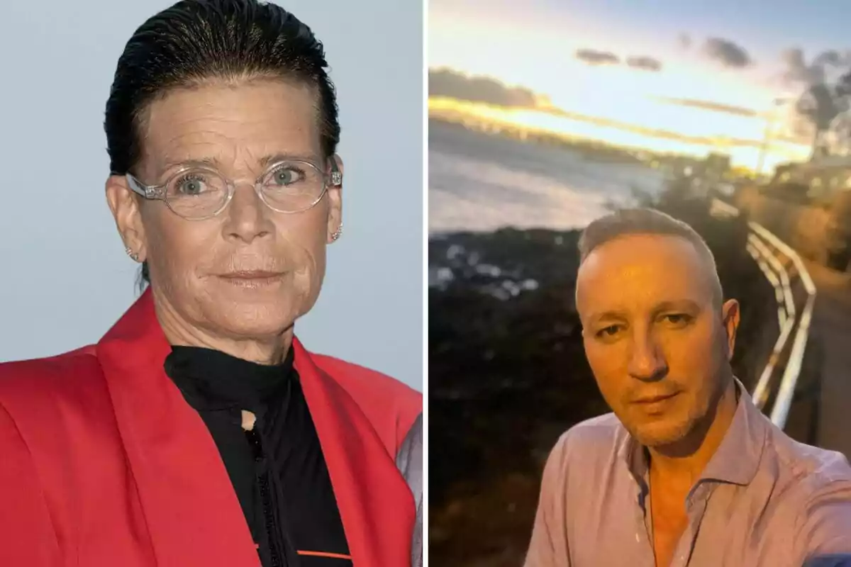 Estefanía of Monaco and Adans Peres in a split image, a woman with glasses and a red jacket on the left and a man taking a selfie outdoors at sunset on the right.